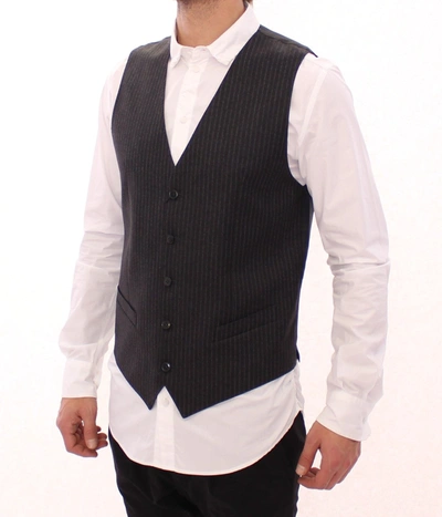 Dolce & Gabbana Gray Striped Wool Single Breasted Vest In Gray