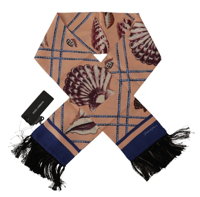 Dolce & Gabbana Multicolor Seashell Patterned Dg Logo Shawl Fringe Silk Scarf In Multicolor