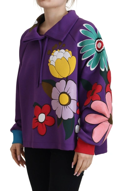 Dolce & Gabbana Purple Floral Print Pullover  Cotton Sweater In Purple