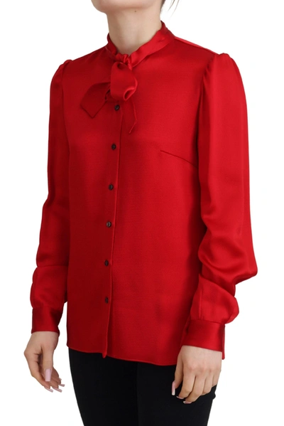 Dolce & Gabbana Red Ascot Collar Long Sleeves Blouse Top In Red