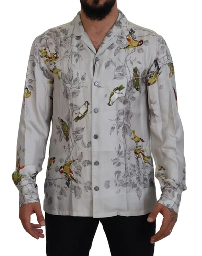 Shop Dolce & Gabbana Elegant Silk Bird Print Casual Men's Shirt In White