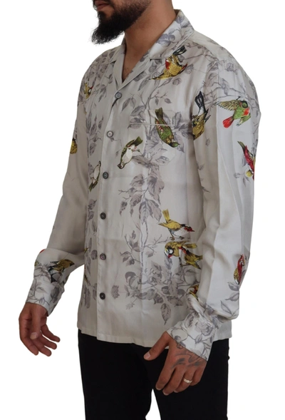 Dolce & Gabbana White Bird Print Silk Satin Casual Shirt In White