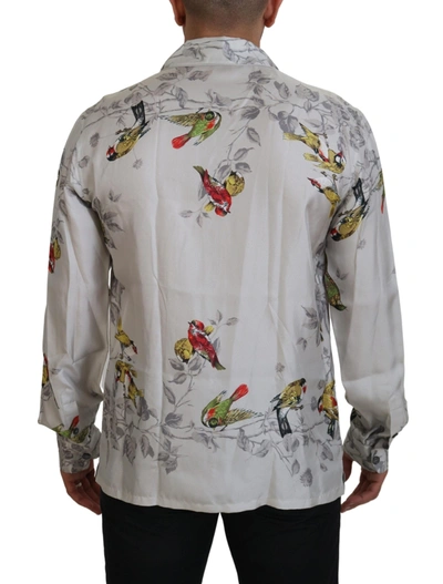 Dolce & Gabbana White Bird Print Silk Satin Casual Shirt In White