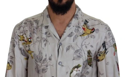Dolce & Gabbana White Bird Print Silk Satin Casual Shirt In White