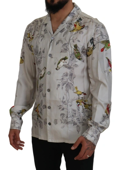 Shop Dolce & Gabbana Elegant Silk Bird Print Casual Men's Shirt In White