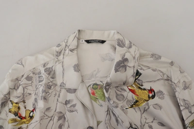 Dolce & Gabbana White Bird Print Silk Satin Casual Shirt In White