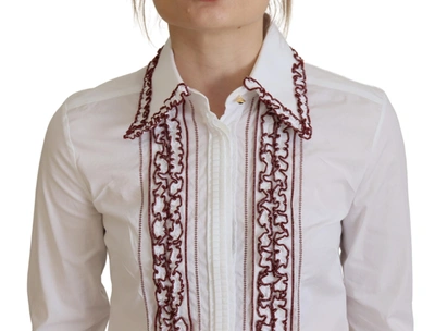Dolce & Gabbana White Lace Long Sleeves Ruffle Collar Top In White