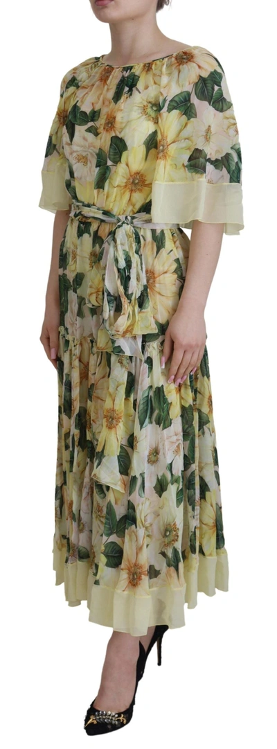 Shop Dolce & Gabbana Floral Silk Pleated Maxi Women's Dress In Yellow