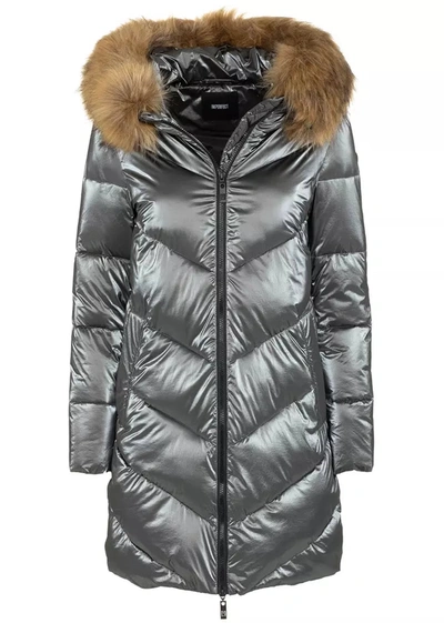 Shop Imperfect Elegant Long Down Jacket With Eco-fur Women's Hood In Gray
