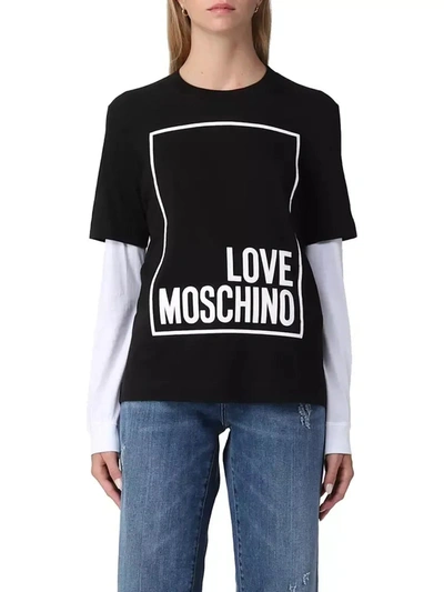 Shop Love Moschino Elegant Black Cotton Tee With Faux-leather Women's Logo