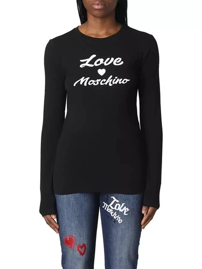 Shop Love Moschino Elegant Long-sleeved Cotton Logo Women's Tee In Black