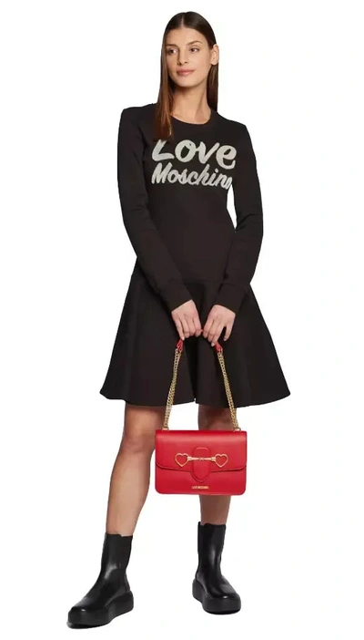 Shop Love Moschino Chic Embossed Logo Cotton Blend Women's Dress In Black