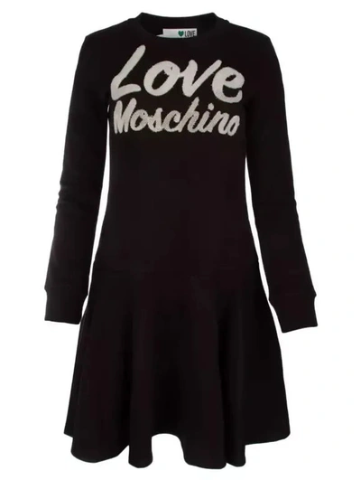 Shop Love Moschino Chic Embossed Logo Cotton Blend Women's Dress In Black