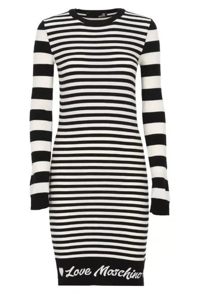 Shop Love Moschino Elegant Striped Knit Dress With Long Women's Sleeves In Black