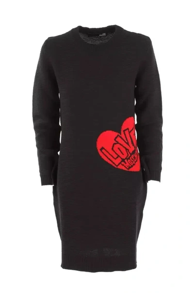 Shop Love Moschino Chic Heart Pattern Knit Wool-blend Women's Dress In Black