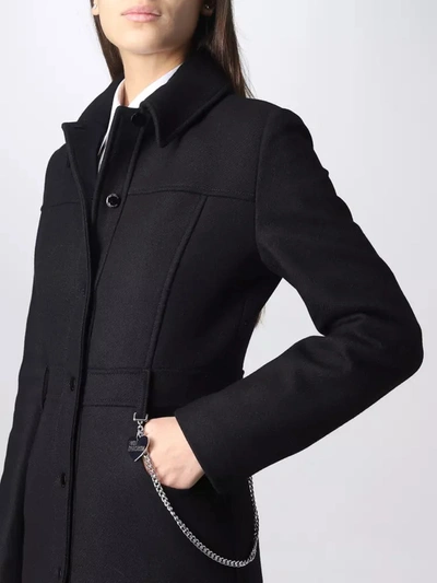 Shop Love Moschino Elegant Black Wool Coat With Silver Chain Women's Detail