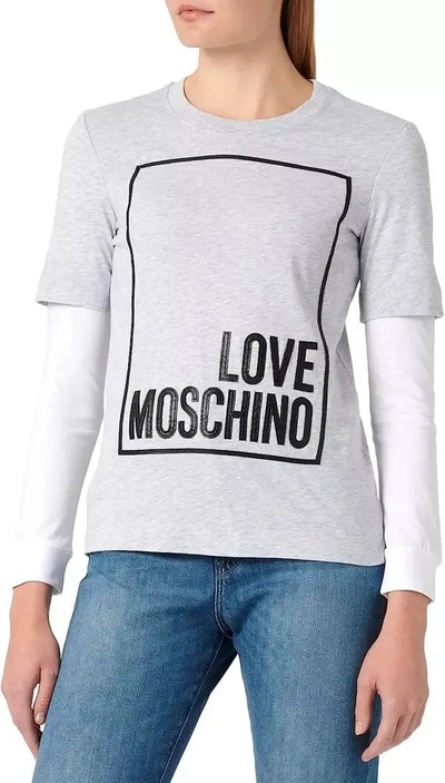 Shop Love Moschino Chic Gray Long-sleeved Cotton Tee With Women's Logo