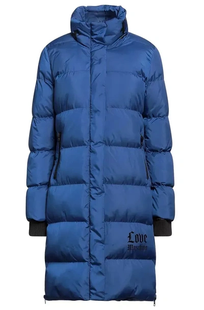Shop Love Moschino Chic Long Down Jacket With Logo Women's Detail In Blue