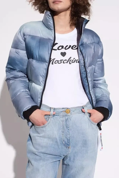 Shop Love Moschino Chic Light Blue Down Jacket With Logo  Patch