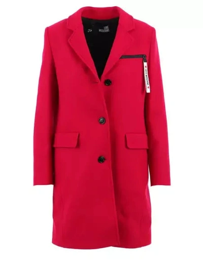 Shop Love Moschino Chic Pink Woolen Coat With Logo Women's Details In Red