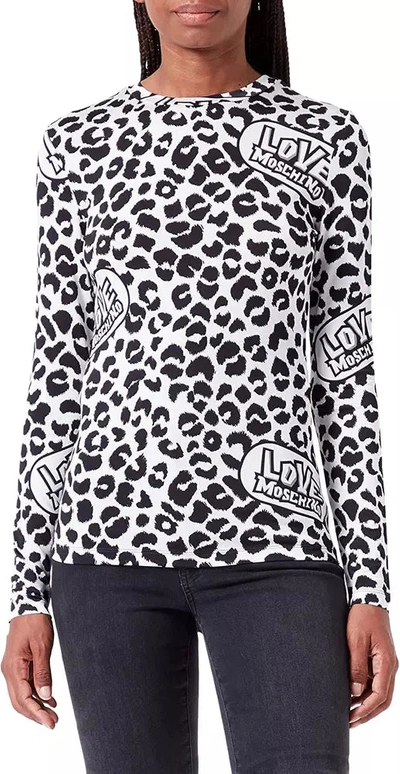 Shop Love Moschino Chic Leopard Print Logo Crewneck Women's Sweater In White