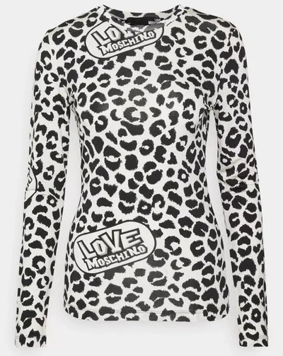 Shop Love Moschino Chic Leopard Print Logo Crewneck Women's Sweater In White