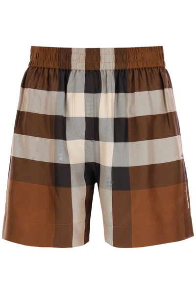 Shop Burberry Exploded Check Silk Shorts In Brown Silk