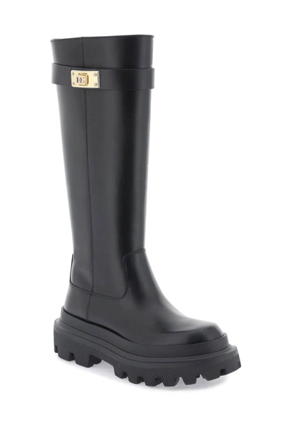 Shop Dolce & Gabbana Leather Boots With Logoed Plaquee