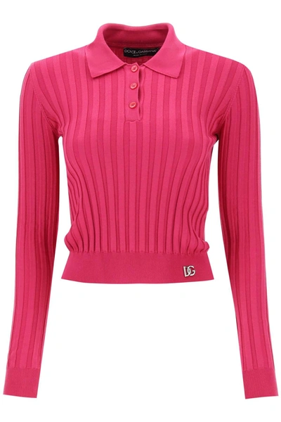 Shop Dolce & Gabbana Long Sleeved Polo Shirt In Ribbed Knit