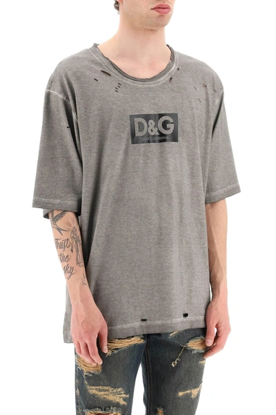 Shop Dolce & Gabbana Washed Cotton T Shirt With Destroyed Detailing In Gray
