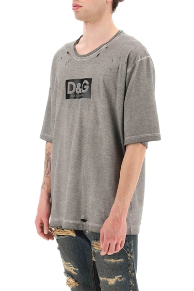 Shop Dolce & Gabbana Washed Cotton T Shirt With Destroyed Detailing In Gray