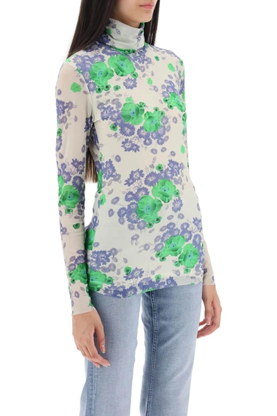 Shop Ganni Long Sleeved Top In Mesh With Floral Pattern