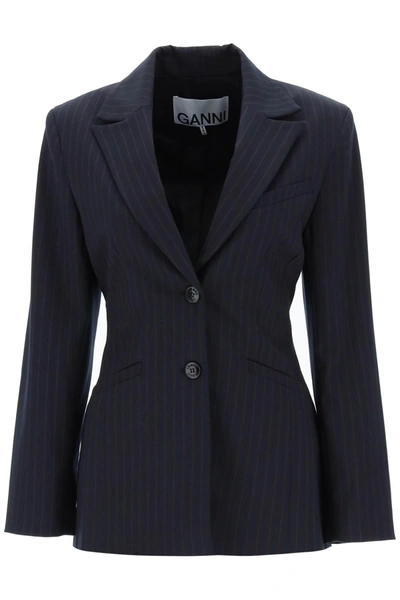 Shop Ganni Single Breasted Pinstriped Blazer