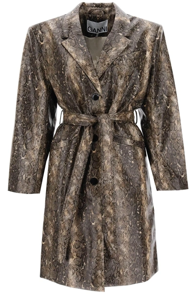 Shop Ganni Snake Effect Faux Leather Trench Coat