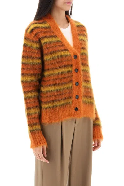 Shop Marni Cardigan In Striped Brushed Mohair