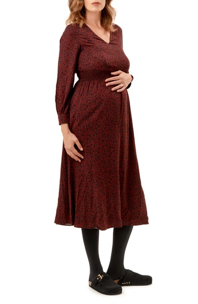 Shop Nom Maternity Leila Bracelet Sleeve Maternity/nursing Dress In Burgundy Floral