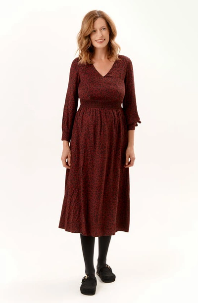 Shop Nom Maternity Leila Bracelet Sleeve Maternity/nursing Dress In Burgundy Floral