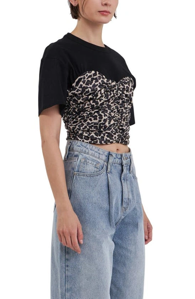 Grey Lab Leopard Smocked Crop T-shirt In Black Multi
