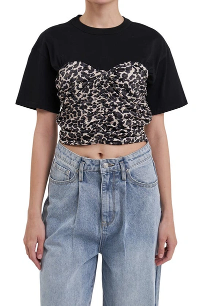 Grey Lab Leopard Smocked Crop T-shirt In Black Multi