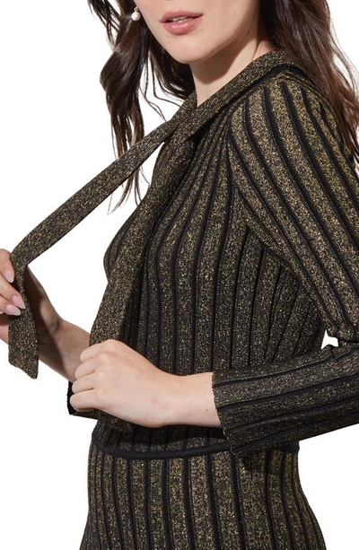 Shop Ming Wang Shimmer Stripe Tie Neck Metallic Sweater Dress In Black/ Gold