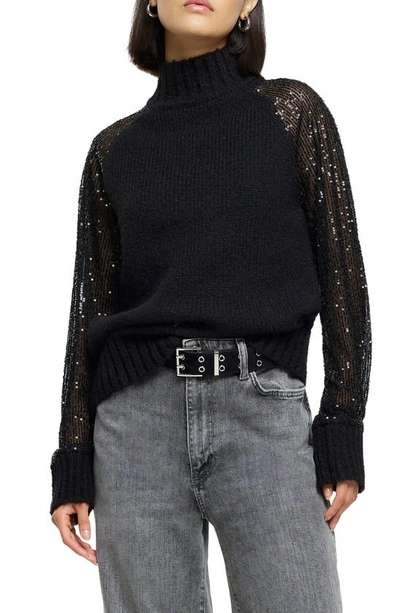 Shop River Island Sequin Sleeve Sweater In Black