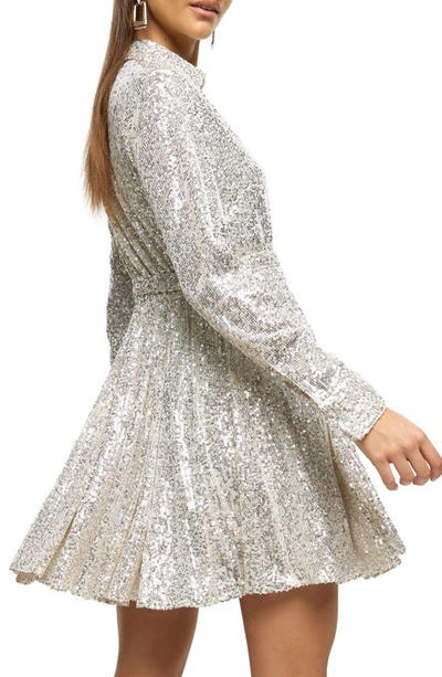 Shop River Island Sequin Long Sleeve Shirtdress In Silver