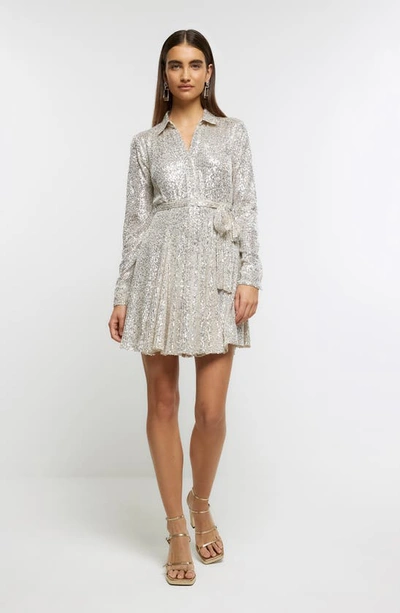 Shop River Island Sequin Long Sleeve Shirtdress In Silver