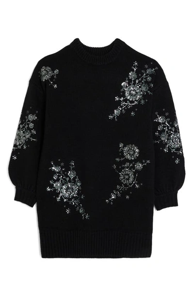 Shop River Island Jessie Crystal Floral Embellished Long Sleeve Sweater Dress In Black
