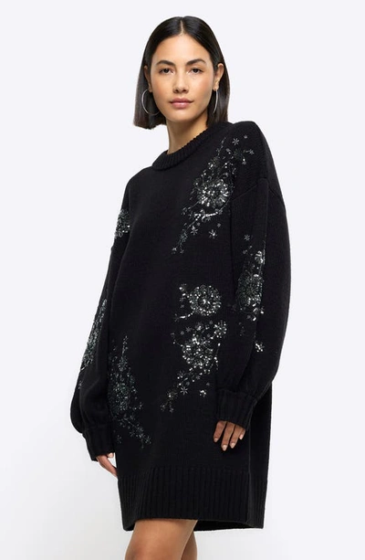 Shop River Island Jessie Crystal Floral Embellished Long Sleeve Sweater Dress In Black