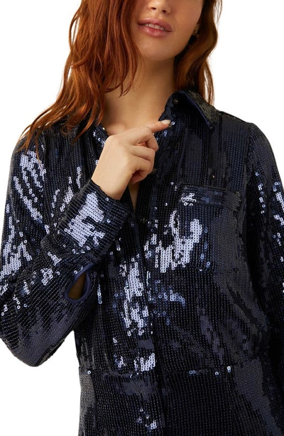 Shop Free People Sophie Sequin Long Sleeve Shirtdress In Midnight Navy