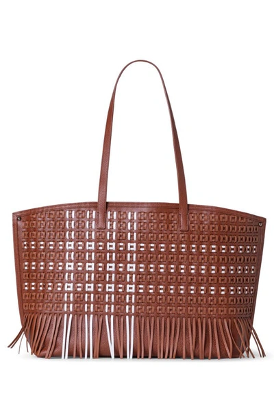 Shop Akris Medium Ai Two-tone Leather With Fringe Convertible Tote In Caramel/white