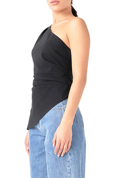 Grey Lab Gathered One-shoulder Asymmetric Top In Black
