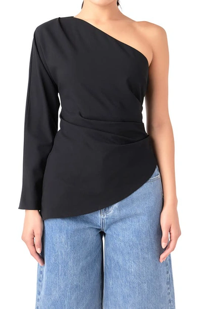 Grey Lab Gathered One-shoulder Asymmetric Top In Black