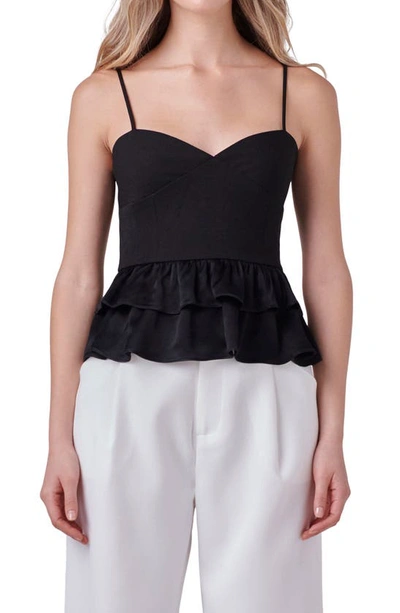 Endless Rose Mixed Media Layered Ruffle Camisole In Black